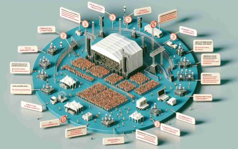 Generate a realistic and high definition diagram which represents the various challenges faced in the music festival industry. This should include financial elements, like high production costs and ticket sales, operational challenges, such as staging and technical setup, finding the right acts to perform and attract audiences, and increasing environmental concerns. Also, highlight the challenges of crowd control, security, and the need for emergency medical arrangements.