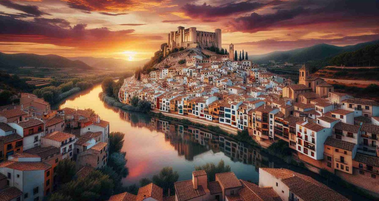 Produce a realistic and high-definition image of the scenic Miravet village located in Tarragona, Spain. Capture it in a way that reveals its enchanting charm. This picturesque village is nestled by the Ebro river and is dominated by a majestic Templar castle overlooking a spread of white-washed houses. Include a sunset sky, with the colors beautifully reflecting in the river, enhancing the charm of the tightly-packed streets and historic architecture.