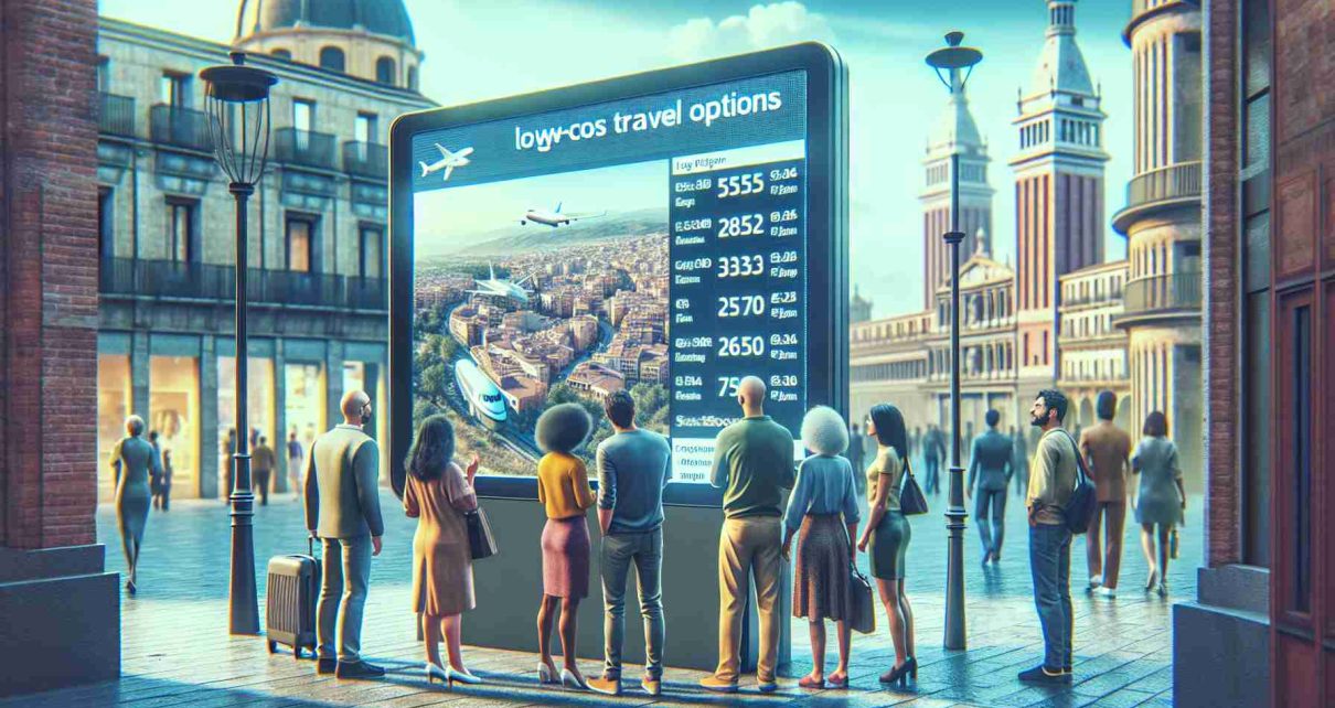 Generate a high definition realistic image showcasing new budget-friendly travel options available for citizens of Spain. The scene could include people looking at an electronic travel information board displaying low-cost flights and train routes. Include a Spanish cityscape in the background providing a local ambiance, and people from diverse descents such as Caucasian, African, and Asian and both male and female genders, exploring the various travel options.