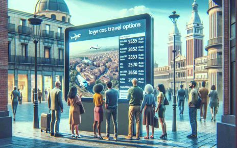 Generate a high definition realistic image showcasing new budget-friendly travel options available for citizens of Spain. The scene could include people looking at an electronic travel information board displaying low-cost flights and train routes. Include a Spanish cityscape in the background providing a local ambiance, and people from diverse descents such as Caucasian, African, and Asian and both male and female genders, exploring the various travel options.