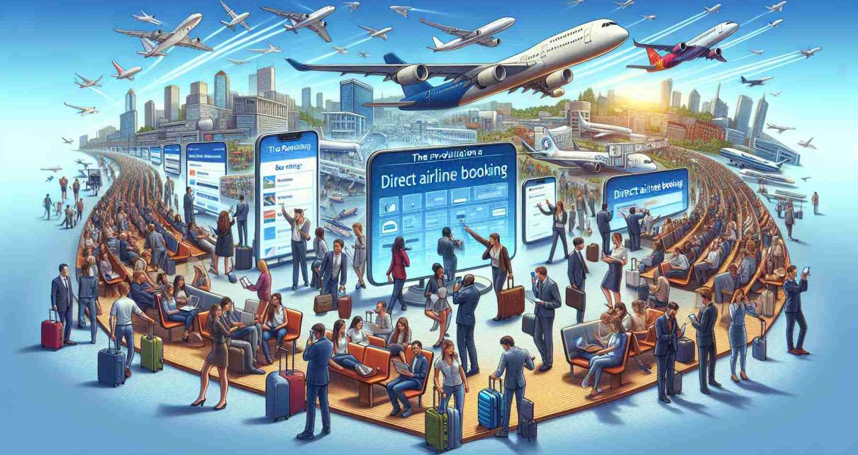 Illustrate a detailed, high-definition, realistic scene that represents the revolution in the travel industry, specifically emphasizing the rise of direct airline bookings. Visualize a variety of passengers of different genders and descents actively using gadgets to make direct bookings. Incorporate elements such as airlines' logos, digital screens displaying booking portals, busy airports and aircrafts in flight to portray the transformative impact of this trend on travel dynamics.