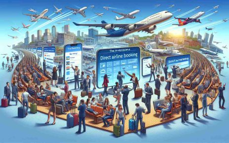 Illustrate a detailed, high-definition, realistic scene that represents the revolution in the travel industry, specifically emphasizing the rise of direct airline bookings. Visualize a variety of passengers of different genders and descents actively using gadgets to make direct bookings. Incorporate elements such as airlines' logos, digital screens displaying booking portals, busy airports and aircrafts in flight to portray the transformative impact of this trend on travel dynamics.