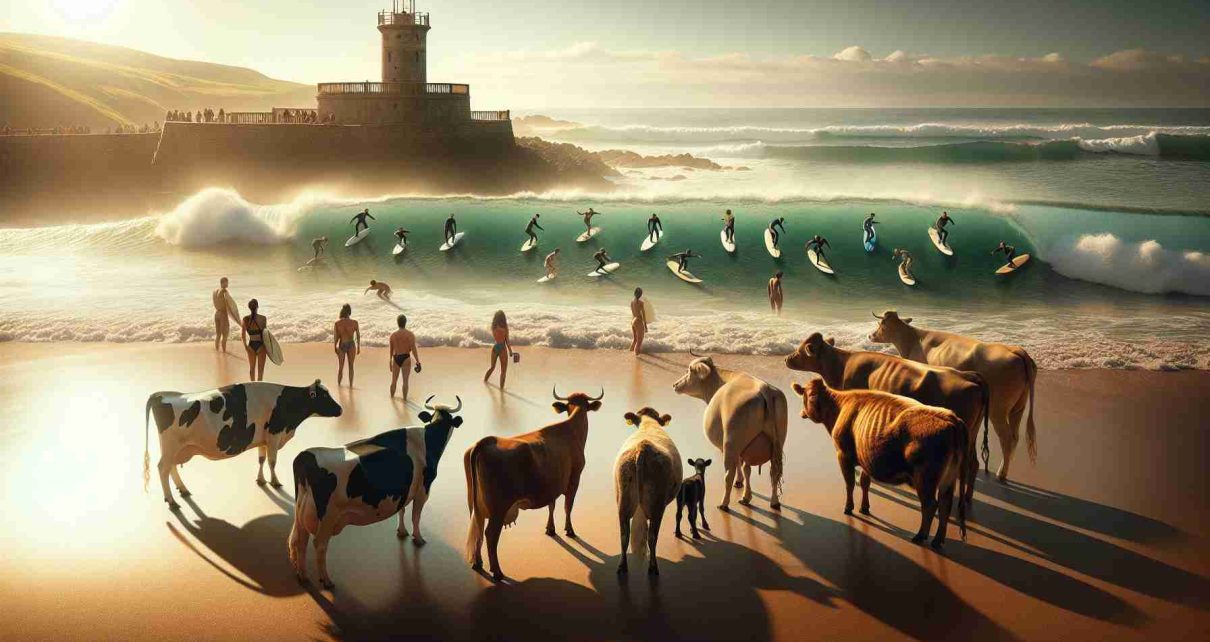 Create a realistic, high-definition image that captures a unique experience in Cantabria, Spain. Please depict waves gently lapping against a sandy shore where a group of cows are curiously observing a crowd of diverse surfers. Among the surfers, include an Asian woman, Black man, Middle-Eastern teenager, and Caucasian elderly man. The surfers are riding high on the azure seas, skillfully balancing on their surfboards. The sun is low in the sky, casting long shadows and bathing the scene in an ethereal, golden glow. An old lighthouse looms in the background, further adding to the picturesque and fascinating scenery.