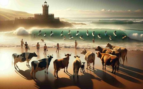 Create a realistic, high-definition image that captures a unique experience in Cantabria, Spain. Please depict waves gently lapping against a sandy shore where a group of cows are curiously observing a crowd of diverse surfers. Among the surfers, include an Asian woman, Black man, Middle-Eastern teenager, and Caucasian elderly man. The surfers are riding high on the azure seas, skillfully balancing on their surfboards. The sun is low in the sky, casting long shadows and bathing the scene in an ethereal, golden glow. An old lighthouse looms in the background, further adding to the picturesque and fascinating scenery.