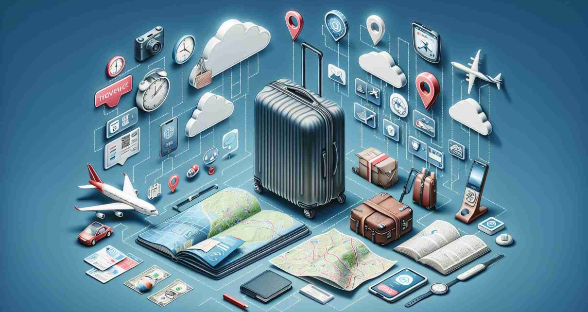 Create a realistic, high-definition image representing the concept of 'Travel Woes: Addressing Challenges and Seeking Solutions'. This should depict an array of common travel issues such as lost luggage, delayed flights, or difficult navigation, and also provide visual examples of possible solutions, such as a tracking technology for the luggage, a mobile app indicating flight delays, and a physical map or a GPS device for navigation.