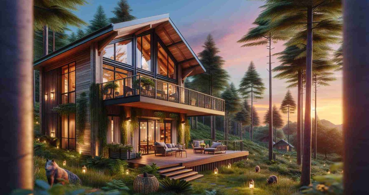 Generate a realistically styled, high-definition image of a luxurious escape to nature. Envision a scene in the midst of a lush forest where a high-end, elegant wooden cabin stands. Features to highlight include floor-to-ceiling glass windows that offer excellent views of the surrounding greenery, a spacious deck with comfortable garden furniture, and ambient outdoor lighting. Other aspects of the scene can include a vibrant sunset in the backdrop, a serene forest trail nearby, and curious woodland creatures observing the cabin from a safe distance.