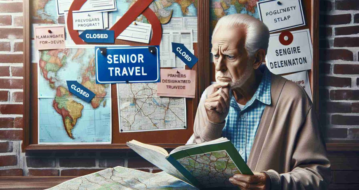 High-resolution realistic photograph that symbolizes concerns about the future of programs designated for senior travel. This could include an elderly person pondering over guidebooks and maps, or display closed signs to popular senior travel destinations, or perhaps a bulletin board with signs indicating the cancellation of senior travel programs.