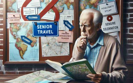 High-resolution realistic photograph that symbolizes concerns about the future of programs designated for senior travel. This could include an elderly person pondering over guidebooks and maps, or display closed signs to popular senior travel destinations, or perhaps a bulletin board with signs indicating the cancellation of senior travel programs.