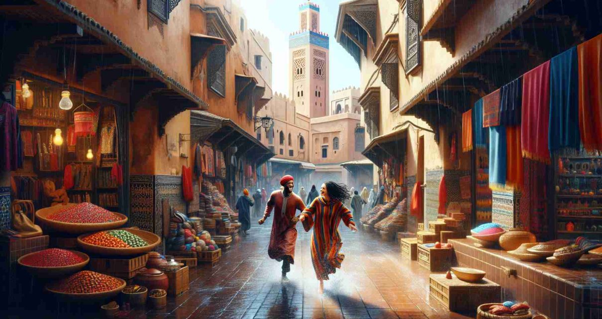 Create a high-definition, realistic image depicting an unexpected adventure in Marrakeck. The scene might include local architecture like traditional riads and minarets seen through the narrow alleyways. The vibrant souks filled with the rich colors of various wares. Perhaps the adventure involves a pair of friends: one a Black woman wearing a colourful djellaba and the other, a Middle Eastern man in traditional Moroccan attire, both caught in an unexpected downpour in the market, laughing as they dash for cover.