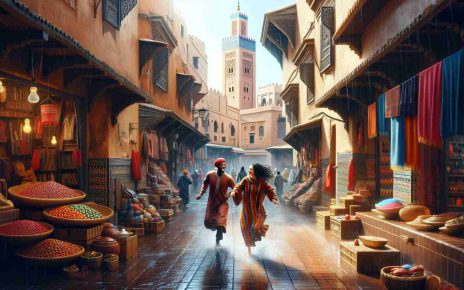 Create a high-definition, realistic image depicting an unexpected adventure in Marrakeck. The scene might include local architecture like traditional riads and minarets seen through the narrow alleyways. The vibrant souks filled with the rich colors of various wares. Perhaps the adventure involves a pair of friends: one a Black woman wearing a colourful djellaba and the other, a Middle Eastern man in traditional Moroccan attire, both caught in an unexpected downpour in the market, laughing as they dash for cover.