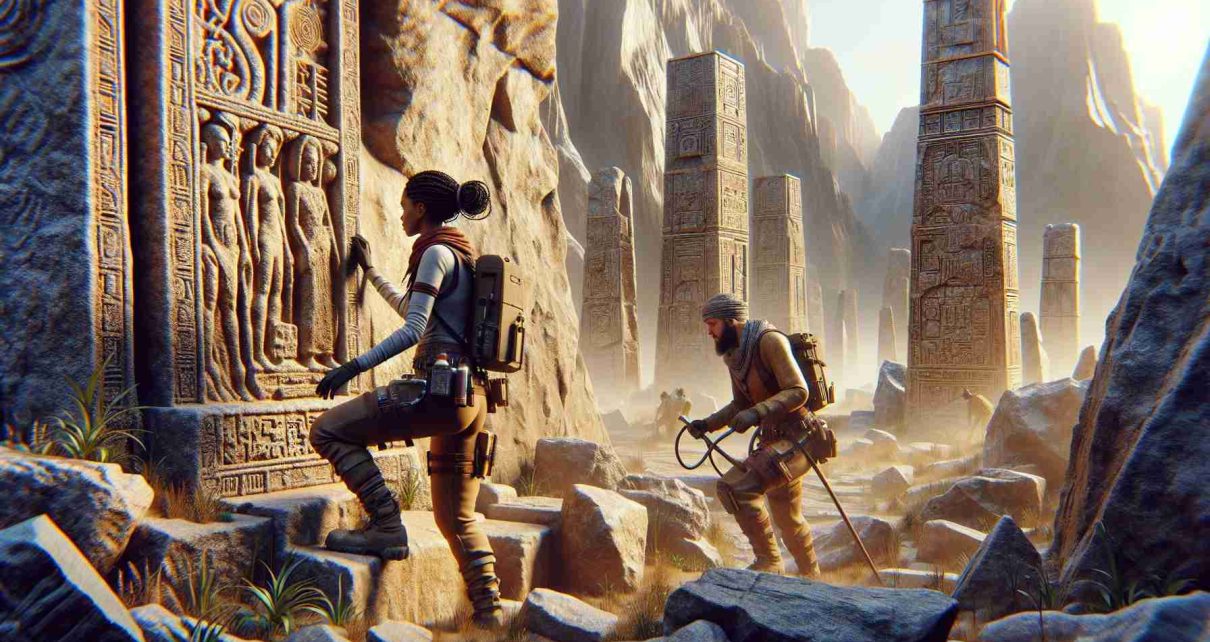 A high-definition, realistic illustration depicting a couple of adventurous explorers. They are working their way through the remnants of an ancient civilization, painstakingly uncovered from the sediment of time. Around them rise towering stone structures, weathered but still standing strong, bearing intricate carvings and glyphs of a forgotten culture. These explorers are of different descents, one being a Black woman and the other a Middle-Eastern man. They are both dressed in protective gear, ready to delve deeper into the mysteries of the past. All of this setting is immersed in a timeless aura, untouched by the modern world.