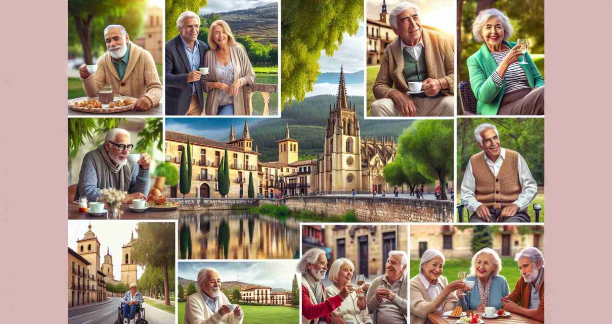 Create a high-resolution, realistic image displaying enjoyable holiday activities catered to seniors in the beautiful province of Soria, Spain. The setting includes historical landmarks, peaceful nature trails, and cozy local cafes. The image showcases a diverse group of seniors of various descents such as Caucasian, Hispanic, Black, Middle-Eastern, and South Asian, all enjoying their time. Some are admiring the architecture, while others are having a leisurely stroll in the park, and a few are experiencing the local cuisine at a nearby café.