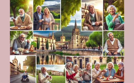 Create a high-resolution, realistic image displaying enjoyable holiday activities catered to seniors in the beautiful province of Soria, Spain. The setting includes historical landmarks, peaceful nature trails, and cozy local cafes. The image showcases a diverse group of seniors of various descents such as Caucasian, Hispanic, Black, Middle-Eastern, and South Asian, all enjoying their time. Some are admiring the architecture, while others are having a leisurely stroll in the park, and a few are experiencing the local cuisine at a nearby café.