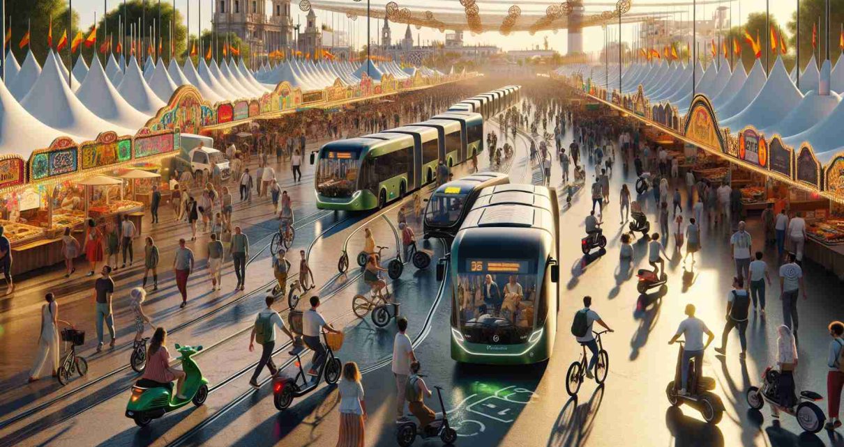 Generate a realistic, high-definition image capturing the successful implementation of alternative modes of transportation at the Málaga Fair in 2024. The scene may feature electric buses, bicycles, scooters and pedestrians all co-existing harmoniously. The fairground is bustling with local and international visitors; a mix of both genders and different descents, including but not limited to Caucasian, Hispanic, and Middle-Eastern individuals. The vibrancy of the fair, with its rich tapestry of colors from festive decorations, vivid traditional clothing, and delightful variety of food stalls, sets a cheery mood. Green technology apparent in the infrastructure subtly conveys a commitment to sustainability. A balmy Mediterranean sun casts long shadows, enhancing the realism.