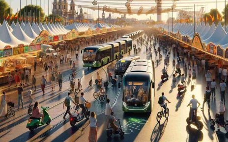 Generate a realistic, high-definition image capturing the successful implementation of alternative modes of transportation at the Málaga Fair in 2024. The scene may feature electric buses, bicycles, scooters and pedestrians all co-existing harmoniously. The fairground is bustling with local and international visitors; a mix of both genders and different descents, including but not limited to Caucasian, Hispanic, and Middle-Eastern individuals. The vibrancy of the fair, with its rich tapestry of colors from festive decorations, vivid traditional clothing, and delightful variety of food stalls, sets a cheery mood. Green technology apparent in the infrastructure subtly conveys a commitment to sustainability. A balmy Mediterranean sun casts long shadows, enhancing the realism.