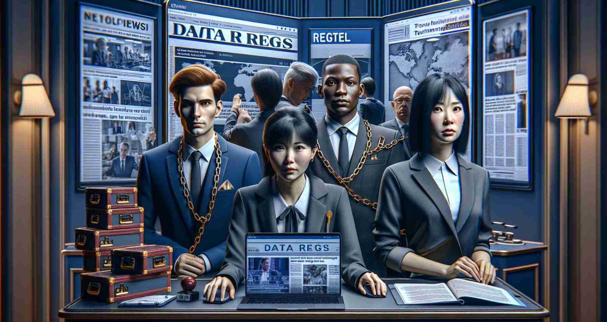 High-definition realistic visual portrayal of the tourism industry grappling with the new data regulation. This image consists of individuals in various roles within the tourism sphere such as a Caucasian female travel agent, an Asian male tour guide, and a Black female hotel manager with expressions denoting concern and defiance. In the backdrop, insert visual elements like documents labelled 'Data Regs', laptops with screens flashing news about the new regulations, and symbolic chains or barriers. Let there be hues of navy blue and dark grey, representing the somber mood.