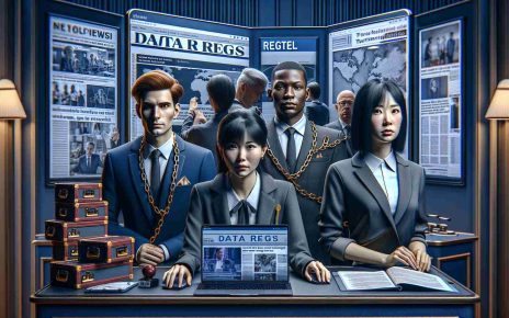 High-definition realistic visual portrayal of the tourism industry grappling with the new data regulation. This image consists of individuals in various roles within the tourism sphere such as a Caucasian female travel agent, an Asian male tour guide, and a Black female hotel manager with expressions denoting concern and defiance. In the backdrop, insert visual elements like documents labelled 'Data Regs', laptops with screens flashing news about the new regulations, and symbolic chains or barriers. Let there be hues of navy blue and dark grey, representing the somber mood.