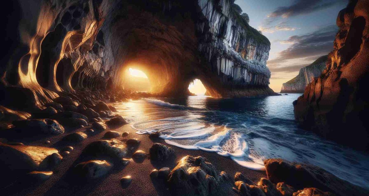 Create a high-definition, realistic image showcasing the mesmerizing exploration of the enigmatic coastal caves, located in the natural paradise of Asturias. Visible details to include are the echoing hollows of the coves, contrasted with the brilliant blue of the Cantabrian Sea washing onto the cove's entrance, and the rugged limestone formations surrounding. The setting sun casts a warm glow into the cool cave, playing on the wet surfaces and illuminating pockets of stalactites and stalagmites. Ground should be smoothed by time and water, while the occasional sea bird can be observed in the sky.