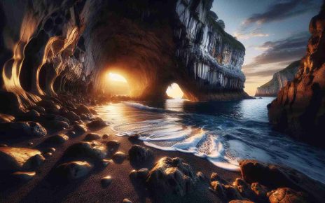 Create a high-definition, realistic image showcasing the mesmerizing exploration of the enigmatic coastal caves, located in the natural paradise of Asturias. Visible details to include are the echoing hollows of the coves, contrasted with the brilliant blue of the Cantabrian Sea washing onto the cove's entrance, and the rugged limestone formations surrounding. The setting sun casts a warm glow into the cool cave, playing on the wet surfaces and illuminating pockets of stalactites and stalagmites. Ground should be smoothed by time and water, while the occasional sea bird can be observed in the sky.