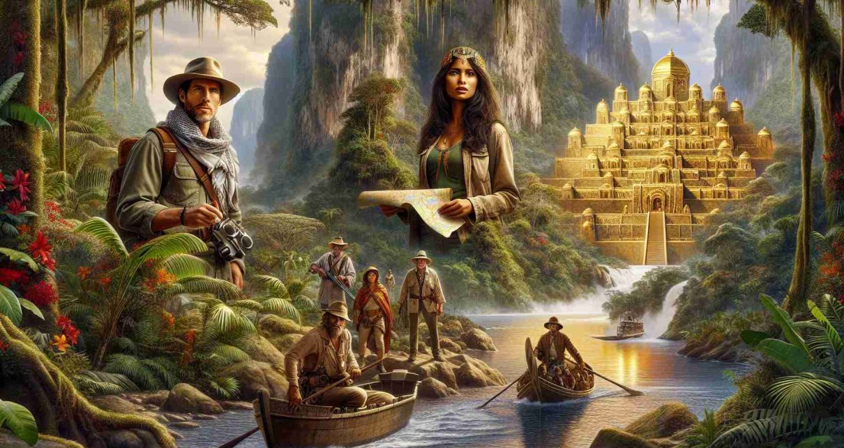 An image displaying a gripping scene where a group of explorers are on their quest to uncover the mythical Lost City of Gold. Spread across the canvas are a Middle-Eastern woman and an African man leading the expedition, both dressed in explorer's gear and equipped with a map of the Amazon Rainforest. In the foreground, the shimmering waters of the Amazon River are flowing, surrounded by lush greenery of the dense rainforest and spectacular wildlife. Nearby, a glimpse of the fabled city of gold can be seen emerging from the foliage, with golden walls and buildings partially hidden. The image is done in a high definition, photorealistic style.