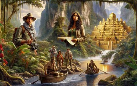 An image displaying a gripping scene where a group of explorers are on their quest to uncover the mythical Lost City of Gold. Spread across the canvas are a Middle-Eastern woman and an African man leading the expedition, both dressed in explorer's gear and equipped with a map of the Amazon Rainforest. In the foreground, the shimmering waters of the Amazon River are flowing, surrounded by lush greenery of the dense rainforest and spectacular wildlife. Nearby, a glimpse of the fabled city of gold can be seen emerging from the foliage, with golden walls and buildings partially hidden. The image is done in a high definition, photorealistic style.