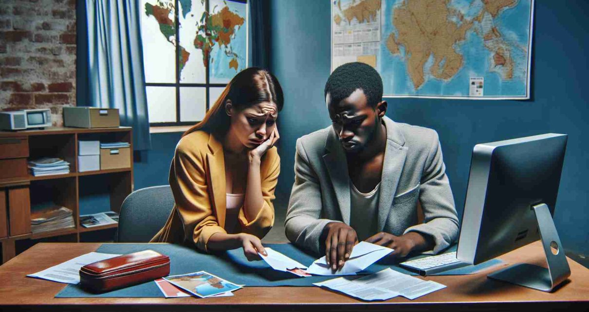 Depict an emotional scene embodying the feeling of heartbreak. Picture this: a couple, one Black woman and one Caucasian man, their dreams shattered. They're sitting in an office environment, with evident signs of a travel agency around them: maps on the wall, brochures on tables, a computer displaying a trip itinerary. They're staring at an envelope bearing the logo of the agency, a look of crushing disappointment on their faces. Make this scene realistic and highly detailed.