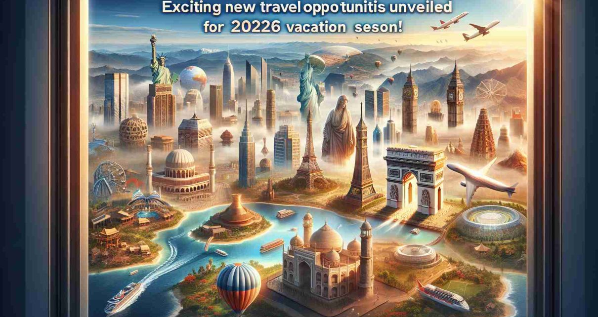 A realistic high-definition image capturing the essence of exciting new travel opportunities for the upcoming 2026 vacation season. The image features various places around the world. Destinations could include architectural icons, vast landscapes, thrilling adventure spots, serene beaches, cultural heritage sites. Let it brim with the spirit of adventure, the joy of exploration, and the anticipation of newly unveiled experiences. The text 'Exciting New Travel Opportunities Unveiled for 2026 Vacation Season!' should appear prominently in the image.