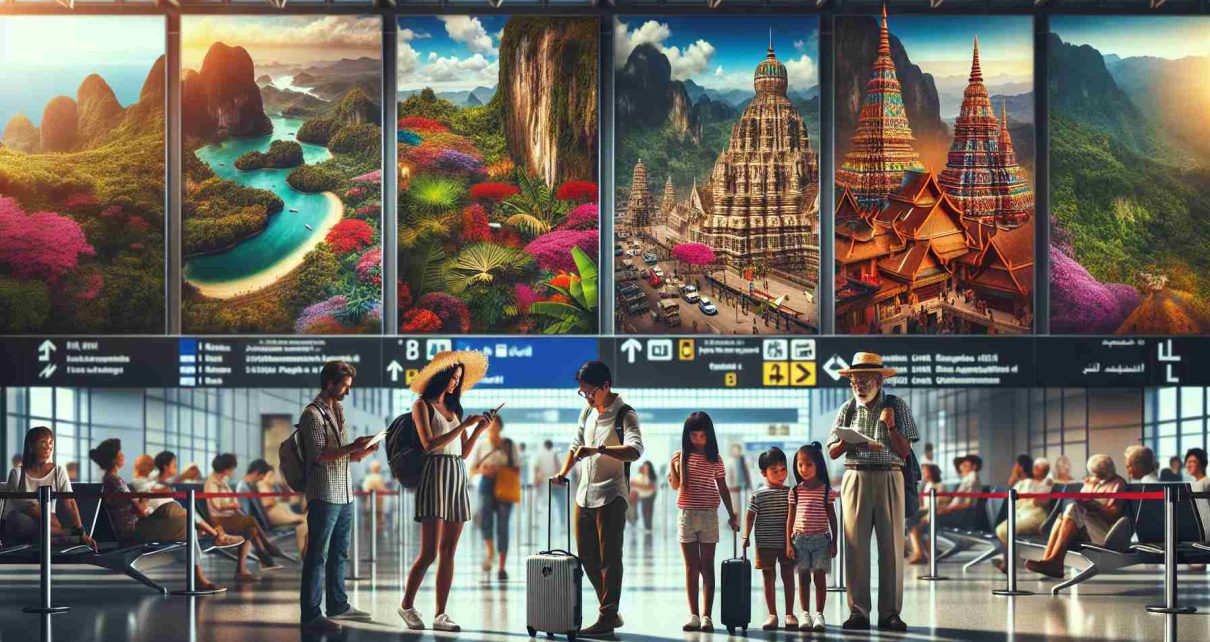 Generate a high-definition realistic image of a travel-themed scenario. Depict an airport terminal buzzing with energy and excitement, with walls adorned with striking, vibrant posters of various exotic locations like lush tropical rainforests, picturesque European towns, serene Asian temples, and intriguing Middle-Eastern bazaars. Show a diverse group of people; a Caucasian female backpacker checking her passport, a Middle-Eastern male businessperson looking at his smartwatch, a South Asian female family with excited kids ready for their holiday, and an Hispanic elderly couple with matching straw hats.