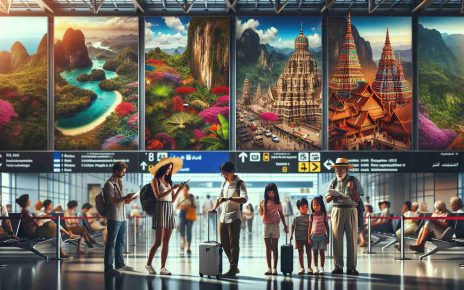 Generate a high-definition realistic image of a travel-themed scenario. Depict an airport terminal buzzing with energy and excitement, with walls adorned with striking, vibrant posters of various exotic locations like lush tropical rainforests, picturesque European towns, serene Asian temples, and intriguing Middle-Eastern bazaars. Show a diverse group of people; a Caucasian female backpacker checking her passport, a Middle-Eastern male businessperson looking at his smartwatch, a South Asian female family with excited kids ready for their holiday, and an Hispanic elderly couple with matching straw hats.