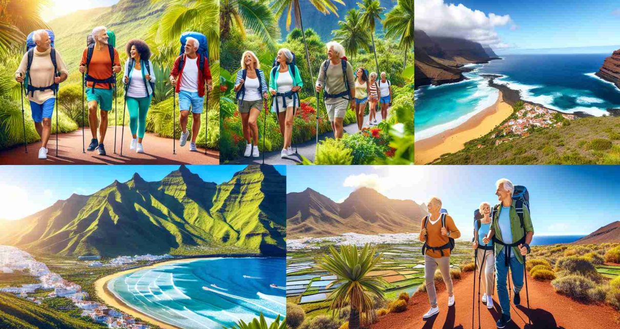 Crisp, high-definition image depicting a vibrant scene showcasing exciting travel adventures tailored for active seniors in the Canary Islands. Include diverse elements such as lush, hiking trails threading through vivid green vegetation, azure beaches with gentle waves, and mountainous landscapes under clear blue skies. An enthusiastic group of seniors, of varying descents such as Caucasian, Hispanic, Black, and Middle-Eastern, should be enjoy these activities, reflecting the joy and excitement of their trip.