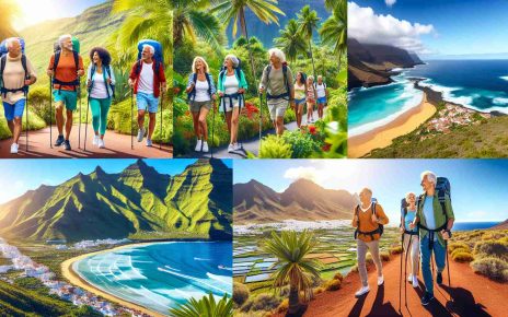 Crisp, high-definition image depicting a vibrant scene showcasing exciting travel adventures tailored for active seniors in the Canary Islands. Include diverse elements such as lush, hiking trails threading through vivid green vegetation, azure beaches with gentle waves, and mountainous landscapes under clear blue skies. An enthusiastic group of seniors, of varying descents such as Caucasian, Hispanic, Black, and Middle-Eastern, should be enjoy these activities, reflecting the joy and excitement of their trip.