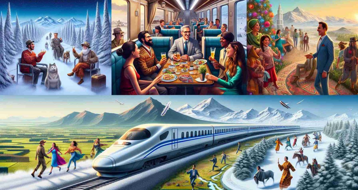 A detailed, high-definition realistic image showcasing distinct train party experiences from around the globe. This includes a festive atmosphere inside a luxury train cruising through the snowy landscapes of Scandinavia with Caucasian men and women jovially interacting, a sleek modern train crossing the vast deserts of Middle-East with Middle-Eastern women and men having a vibrant party inside, a classic vintage train winding through the green pastures of South America with Hispanic men and women in party spirits, and an iconic bullet train amongst the bustling cityscape of East Asia with Asian men and women enjoying a high-tech party.