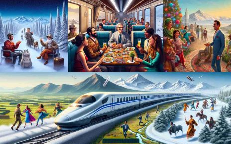 A detailed, high-definition realistic image showcasing distinct train party experiences from around the globe. This includes a festive atmosphere inside a luxury train cruising through the snowy landscapes of Scandinavia with Caucasian men and women jovially interacting, a sleek modern train crossing the vast deserts of Middle-East with Middle-Eastern women and men having a vibrant party inside, a classic vintage train winding through the green pastures of South America with Hispanic men and women in party spirits, and an iconic bullet train amongst the bustling cityscape of East Asia with Asian men and women enjoying a high-tech party.