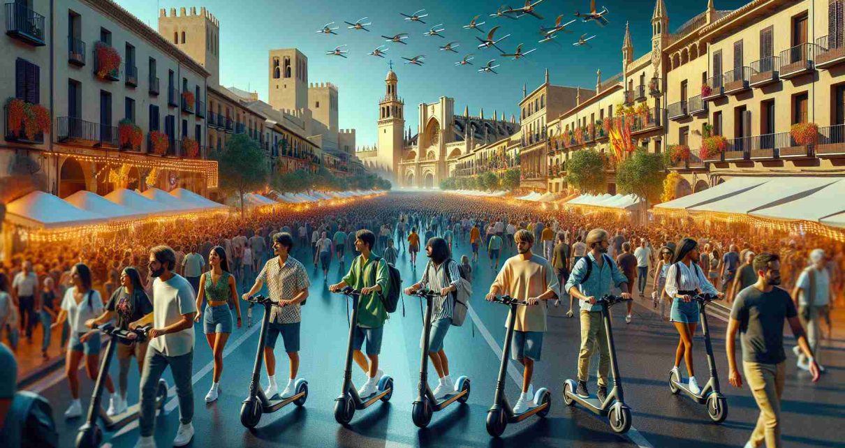 Depict a high-definition, realistic scene of an efficient mobility solution during a September festival in Murcia. Show the vibrant festivities in the backdrop, bustling with lively inhabitants and tourists. The mobility solution could be a network of electric scooters or bikes, driven by both male and female riders from a variety of descents such as Caucasian, Hispanic, Black, and Middle-Eastern. Highlight the advanced technology and sustainable design of these vehicles under the deep blue September sky with a backdrop of medieval architecture and Spanish cultural symbols.