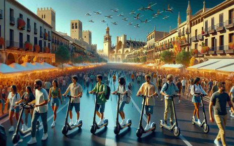 Depict a high-definition, realistic scene of an efficient mobility solution during a September festival in Murcia. Show the vibrant festivities in the backdrop, bustling with lively inhabitants and tourists. The mobility solution could be a network of electric scooters or bikes, driven by both male and female riders from a variety of descents such as Caucasian, Hispanic, Black, and Middle-Eastern. Highlight the advanced technology and sustainable design of these vehicles under the deep blue September sky with a backdrop of medieval architecture and Spanish cultural symbols.