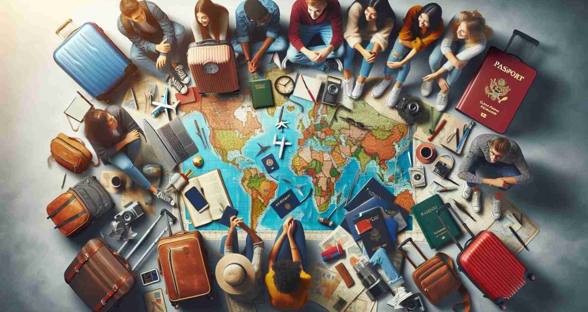 Create a realistic, high-definition photo that visually represents an exciting opportunity for student travel enthusiasts. This image could include elements such as packed luggage, passports, and maps signifying global travel, a diverse group of students with different genders and descents including Caucasian, Black, Hispanic, Middle-Eastern, Asian, discussing their upcoming journeys, alongside symbols of education such as books or a diploma. The atmosphere should exude a sense of excitement, adventure, and youthful energy.