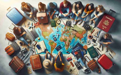 Create a realistic, high-definition photo that visually represents an exciting opportunity for student travel enthusiasts. This image could include elements such as packed luggage, passports, and maps signifying global travel, a diverse group of students with different genders and descents including Caucasian, Black, Hispanic, Middle-Eastern, Asian, discussing their upcoming journeys, alongside symbols of education such as books or a diploma. The atmosphere should exude a sense of excitement, adventure, and youthful energy.