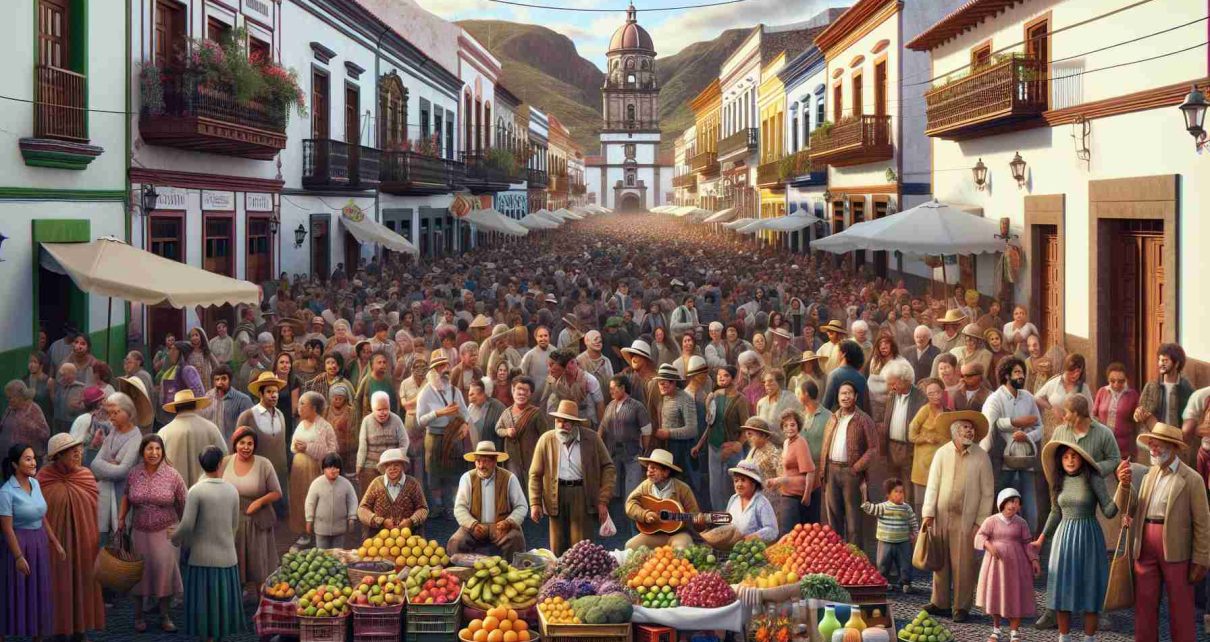 A high-definition, realistic image showcasing the vibrant culture of Santa Lucía de Tirajana. Picture a bustling street scene with local markets selling colorful fruits and local handicrafts. Inclusive crowd of diverse people showing wide-ranging ages, genders and descents like Caucasian, Hispanic, Black, Middle-Eastern, South Asian, and White, all mingling and engaging in friendly barter. The backdrop is adorned with historic architecture characteristic of the area. A local band playing traditional music in one corner contributes to the lively atmosphere, while the aroma of local cuisine wafting in from nearby eateries adds warmth to the scene.