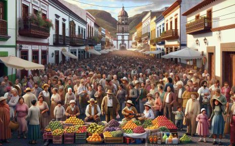 A high-definition, realistic image showcasing the vibrant culture of Santa Lucía de Tirajana. Picture a bustling street scene with local markets selling colorful fruits and local handicrafts. Inclusive crowd of diverse people showing wide-ranging ages, genders and descents like Caucasian, Hispanic, Black, Middle-Eastern, South Asian, and White, all mingling and engaging in friendly barter. The backdrop is adorned with historic architecture characteristic of the area. A local band playing traditional music in one corner contributes to the lively atmosphere, while the aroma of local cuisine wafting in from nearby eateries adds warmth to the scene.