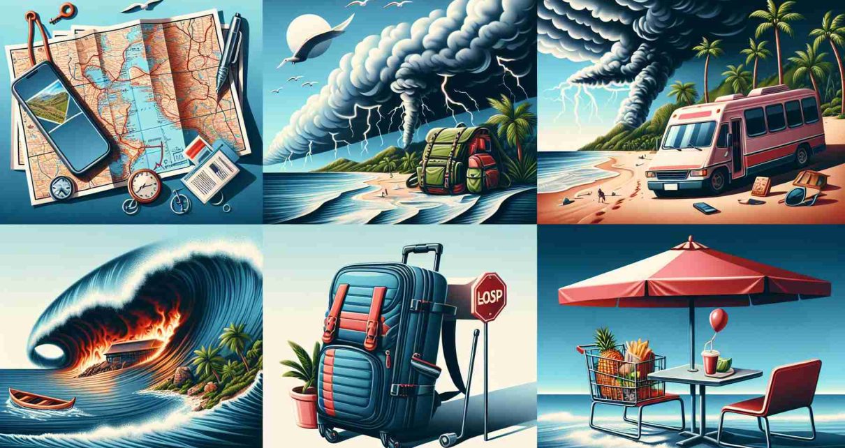 Create a high-definition image that realistically represents different scenarios of travelling experiencing unforeseen events. Include elements such as a map with an unplanned route deviation, an overpacked hiking backpack, a lost luggage tag, storm clouds looming over a once sunny beach, and a food cart that's tipped over.