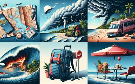 Create a high-definition image that realistically represents different scenarios of travelling experiencing unforeseen events. Include elements such as a map with an unplanned route deviation, an overpacked hiking backpack, a lost luggage tag, storm clouds looming over a once sunny beach, and a food cart that's tipped over.