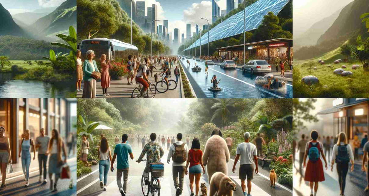 A high-definition, realistic snapshot showcasing an overlooked aspect of sustainable travel. The scene unfolds in a bustling, eco-friendly city filled with solar-powered public infrastructure. Filled with people of varied descents including Caucasian, Hispanic, Black, Middle-Eastern, and South Asian, all exhibiting eco-friendly habits, like carrying reusable water bottles, riding bicycles, and patronizing local businesses. Another scene set in a lush, well-preserved national park where a diverse group of hikers, of different genders and descents, walk on the designated trail, admiring the unspoilt nature, demonstrating the principle of 'leave no trace'.