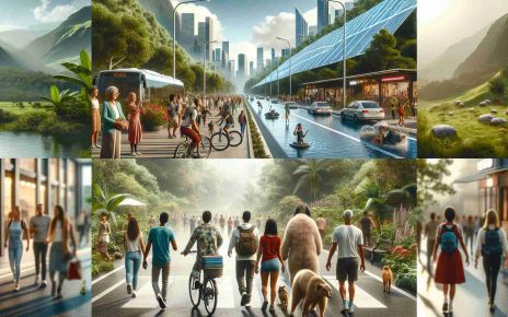 A high-definition, realistic snapshot showcasing an overlooked aspect of sustainable travel. The scene unfolds in a bustling, eco-friendly city filled with solar-powered public infrastructure. Filled with people of varied descents including Caucasian, Hispanic, Black, Middle-Eastern, and South Asian, all exhibiting eco-friendly habits, like carrying reusable water bottles, riding bicycles, and patronizing local businesses. Another scene set in a lush, well-preserved national park where a diverse group of hikers, of different genders and descents, walk on the designated trail, admiring the unspoilt nature, demonstrating the principle of 'leave no trace'.