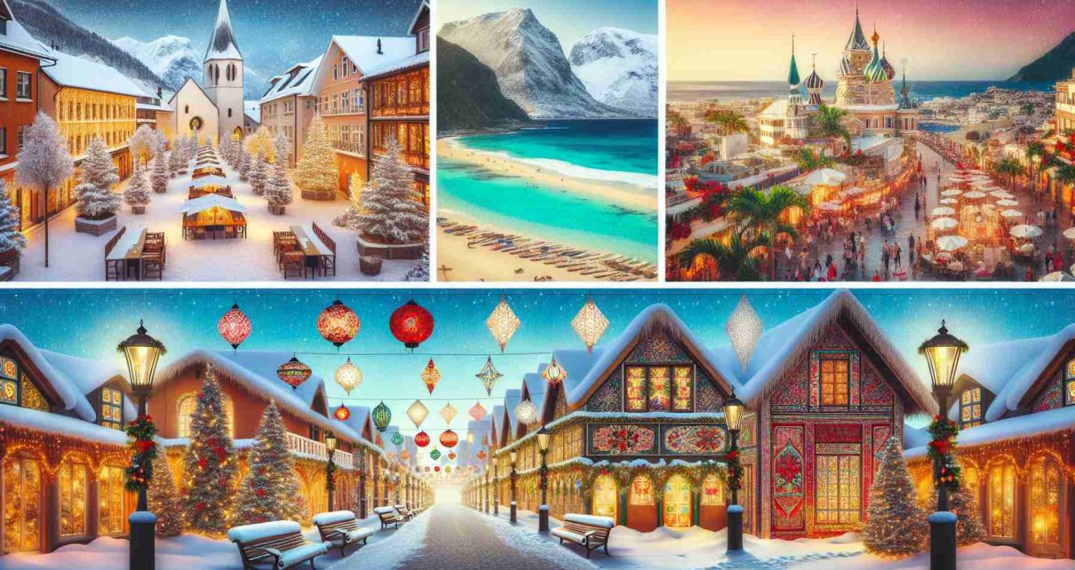 Generate a realistic HD image showing enticing getaway destinations perfect for the festive season. The picture should depict a snowy Scandinavian town adorned with Christmas lights, a tropical beach in the Caribbean with traditional holiday decorations, and a quaint Middle-Eastern cityscape brought to life with festive colors and lanterns. Each destination can be separated by soft transitions, giving a collage effect to the image.