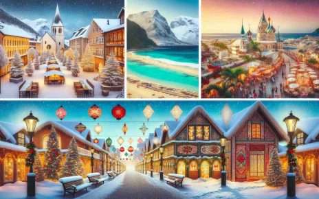 Generate a realistic HD image showing enticing getaway destinations perfect for the festive season. The picture should depict a snowy Scandinavian town adorned with Christmas lights, a tropical beach in the Caribbean with traditional holiday decorations, and a quaint Middle-Eastern cityscape brought to life with festive colors and lanterns. Each destination can be separated by soft transitions, giving a collage effect to the image.