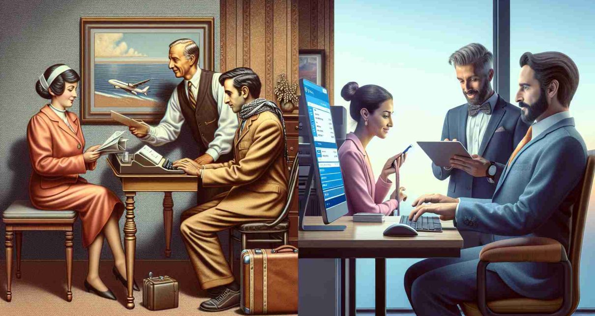 Generate a realistic high-definition image showing the evolution of travel reservations. The scene should start from the left, depicting an early traditional travel agency with a Caucasian male representative behind a desk assisting a Middle-Eastern female customer. In the middle, envision a 90's transition period with a South Asian female using a home computer to book her trip. Lastly, on the right, portray a modern setting where a Hispanic male traveler is directly booking his journey through a travel app on a sleek, handheld device.