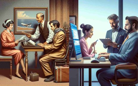 Generate a realistic high-definition image showing the evolution of travel reservations. The scene should start from the left, depicting an early traditional travel agency with a Caucasian male representative behind a desk assisting a Middle-Eastern female customer. In the middle, envision a 90's transition period with a South Asian female using a home computer to book her trip. Lastly, on the right, portray a modern setting where a Hispanic male traveler is directly booking his journey through a travel app on a sleek, handheld device.