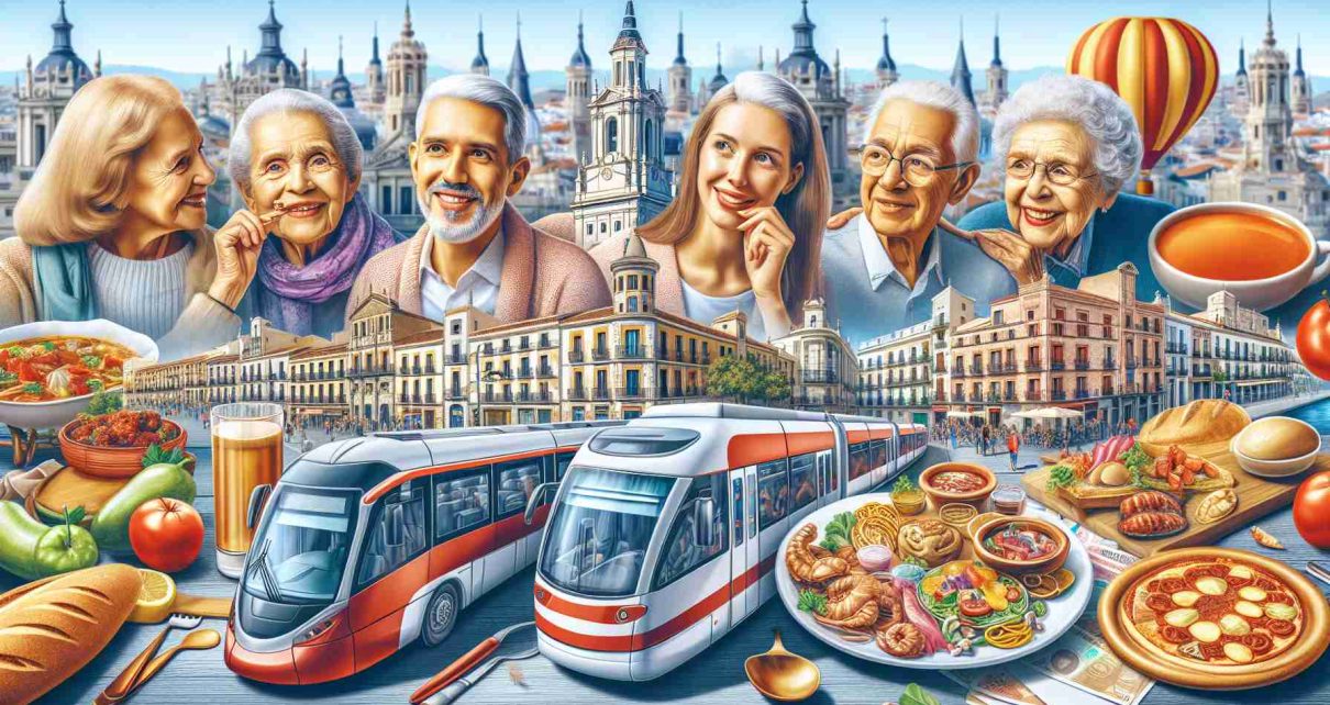 A high-definition, realistic image presenting various affordable travel opportunities for seniors in Spain. The picture could include representations of local transportation options like buses or trains, traditional Spanish architecture in cities like Madrid or Barcelona, and affordable eateries serving delicious Spanish cuisine. The depiction should radiate an affordable yet rich cultural experience, indicating the potential possibilities for budget-friendly travel for seniors. The seniors depicted can be a diverse mix of people of different descents and genders, all looking happy and excited as they embark on their Spanish adventure.