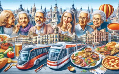 A high-definition, realistic image presenting various affordable travel opportunities for seniors in Spain. The picture could include representations of local transportation options like buses or trains, traditional Spanish architecture in cities like Madrid or Barcelona, and affordable eateries serving delicious Spanish cuisine. The depiction should radiate an affordable yet rich cultural experience, indicating the potential possibilities for budget-friendly travel for seniors. The seniors depicted can be a diverse mix of people of different descents and genders, all looking happy and excited as they embark on their Spanish adventure.