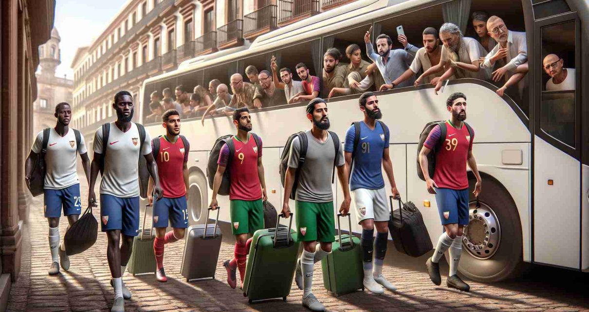 An highly detailed and realistic photo capturing the moment of international football players returning to the city of Sevilla, Spain, after their national duty. A group of players is seen exiting a bus, each carrying their luggage, expressions of exhaustion and relief intermixed on their faces. The multicultural ensemble includes a Middle-Eastern man, two Caucasian individuals, a Black woman and a South-Asian woman, showcasing the diversity of today's football. The backdrop presents the city's traditional architecture, with cobblestone streets and old buildings, signaling their return to their club.